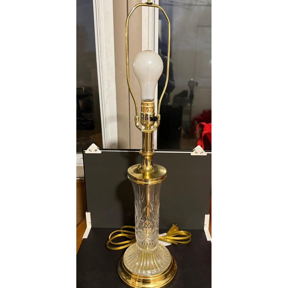 Vintage Cut Crystal and Polished Brass Table Lamp with Pleated Cream Shade